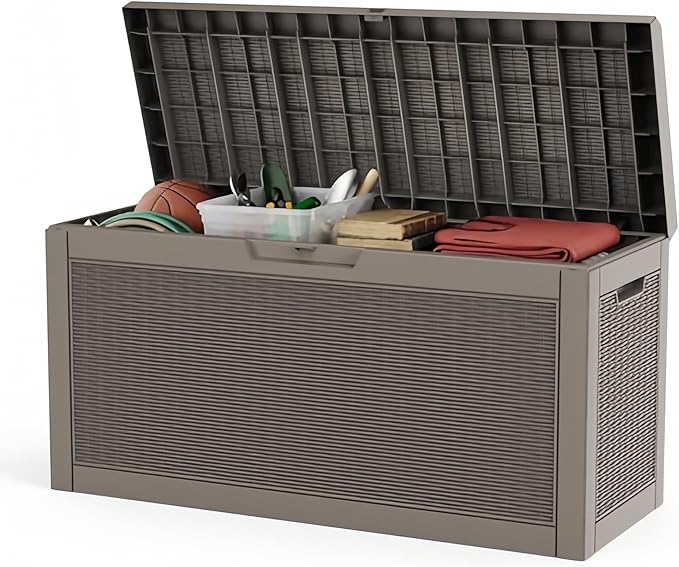 60 Gallon Deck Box, Waterproof Resin Outdoor Storage Box with Lockable Lid, Patio Storage Box with Fade Resistant for Patio Furniture Cushions, Pool Accessories, Garden Tools, Light Coffee