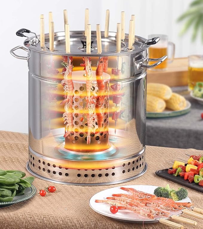 Portable Vertical Charcoal Smoker Grill Barrel Grill with 28 Skewers, Outdoor Indoor Camping Smokeless Charcoal Barbecue Grill Bbq,L