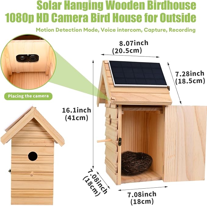 Smart Bird House with Camera, 2.4G WiFi & App Alerts, 160° Wide View 1080P HD Wireless Birdhouse, Auto Capture Bird Video & Motion Detection, Smart Bird House Camera Solar Powered (Natural, Normal)
