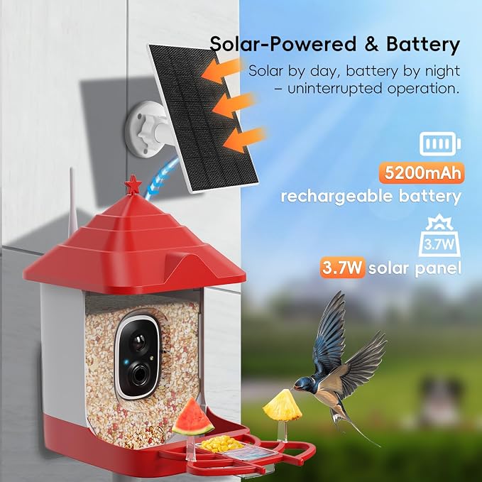 Smart Bird Feeder with Camera, with AI Identify Birds Species & Solar Panel, WiFi Birdfeeder with Cam, 4K HD Live View, Chew-Proof & Waterproof Design, Real-Time App Alerts, Bird Lover's Companion