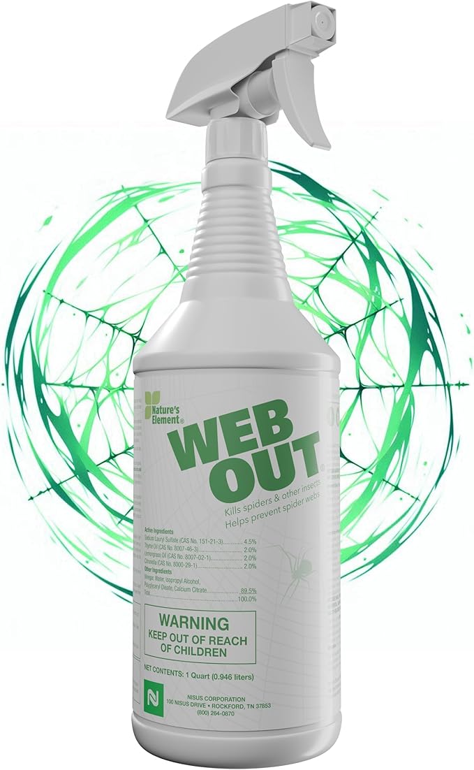 Nisus Web Out Cobweb Eliminator and Repels Spiders, Ants, Mosquitoes, Cockroaches, Aids in Web Control, Ready-to-Use Biodegradable Spray, 1 Quart