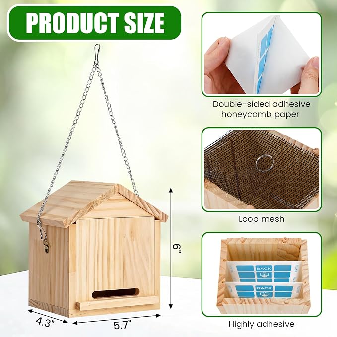 2 Pack Carpenter Bee Trap Outdoor (5.7" L x 4.3" w x 6" h) - Hanging Wooden Bee Catcher with Iron Wire, 2 Mesh Screens & 8 Sticky Pads Refills, Natural Pest Control for Wasps & Mud Daubers