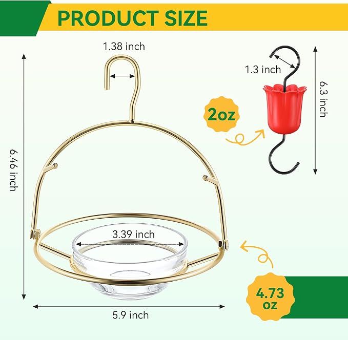 Metal Oriole Feeders for Outdoors Hanging with Ant Moat and Fruit Holder, Oriole Feeder with Glass Bowl, Easy to Disassemble and Wash, Bird Feeder for Garden, Outdoor, Gift (1 Pack, Gold)