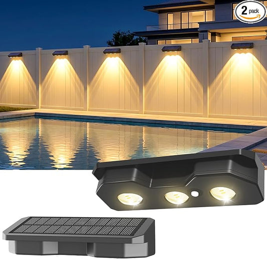 Solar Fence Lights Outdoor 2 Pack, Solar Lights Outdoor Waterproof Dusk to Dawn Deck Light, Brighter LED Lens Outdoor Lighting for Stairs, Step, Fence, Yard, Patio, and Pathway