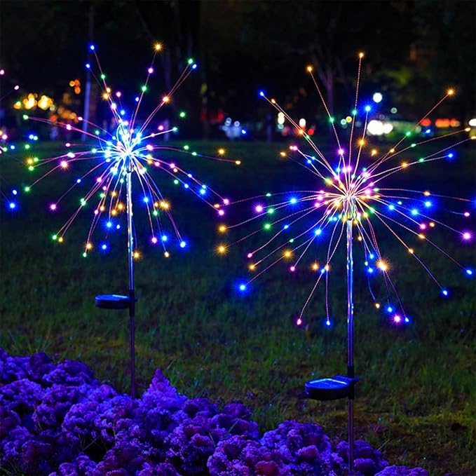 DONGULI Outdoor Solar Garden Lights, 120 LEDs 8 Lighting Modes Waterproof Solar Fireworks Light Sparklers for Patio Walkway Yard Courtyards Pathway Christmas Party Decorations, Colorful(2 Pack)