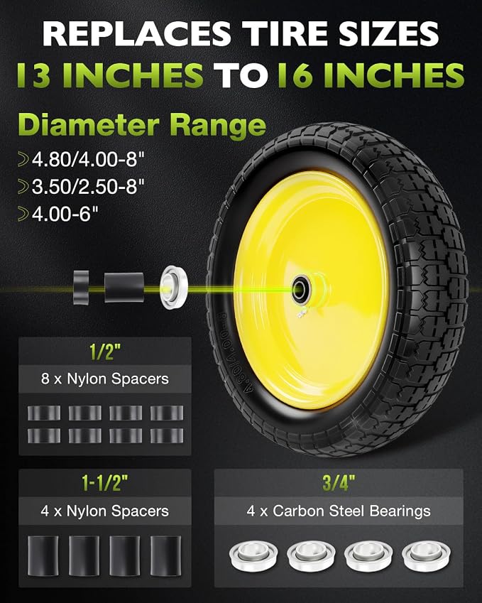 4.80/4.00-8 wheelbarrow tire, 16" Flat Free Solid Tire and Wheel, 3" Centered Hub, 5/8" & 3/4" Bearings, Universal Replacement for Garden Carts Wagon Wheel Barrow, 2 Pack