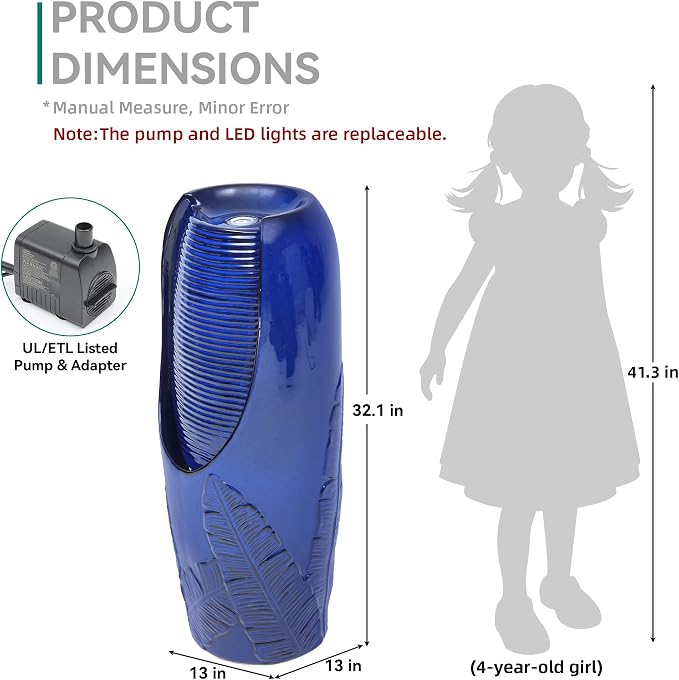 AUTODAYA 33" Tall Outdoor Garden Fountain with LED Lights, Modern Ceramic Jar Water Fountain, 3D Tropical Leaf Pattern, Cobalt Blue Glaze, Soothing Cascading Waterfall for Relaxing Patio, Yard, Porch