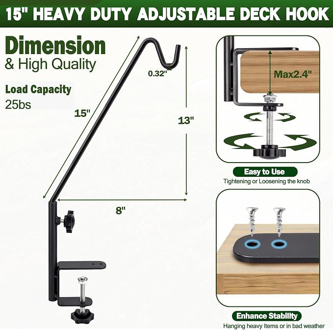 15 Inch Deck Hooks Hanger for Railing 2 Pack, Heavy Duty Shepherds Hooks for Outdoor Hanging Plants, 360° Swivel Adjustable Bird Feeder Pole Deck Railing Plant Hanger Bracket Outdoor