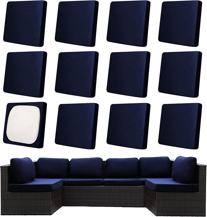 12Pcs Patio Cushion Covers,Outdoor Cushions Covers,Stretch Cushion Covers Replacement, Washable and Reusable Furniture Protectors(Navy Blue)