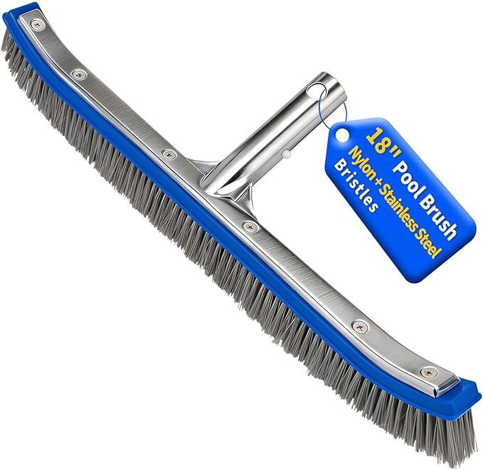 18" Wide Pool Brush Head - Combo Nylon & Stainless Steel Wire Bristles, Heavy Duty Metal Pool Brush for Extra Scrubbing Power, Curved Edge for Cleaning Inground Pool Tiles, Concrete, Walls, Corners