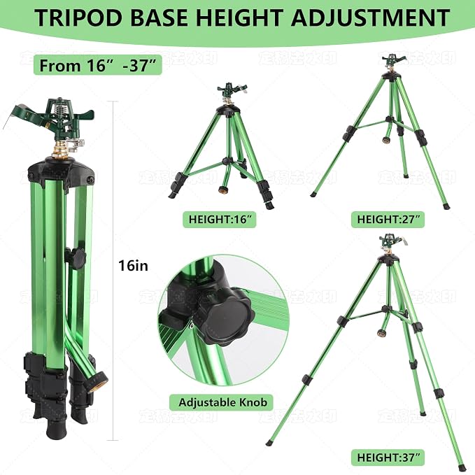 Green Zinc Alloy Water Bird Sprinkler, Heavy Duty Tripod Base Garden Sprinkler, 360 Degree Large Area Irrigation, Durable Flip Lock Legs & Adjustable Nozzle, 1 Pack