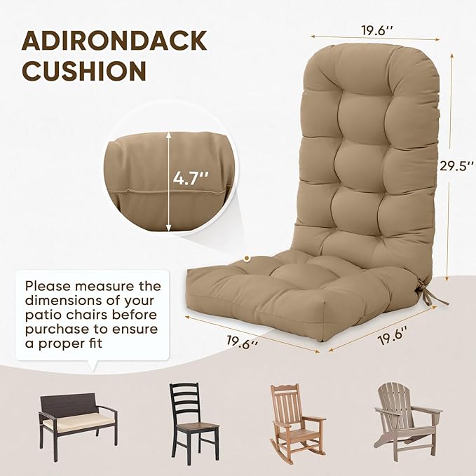 COOS BAY High Back Adirondack Chair Cushions for Outdoor Furniture, 49x20x5 in Water-Resistant Thick Tufted Patio Chair Cushions with Secure Straps, Set of 2, Khaki
