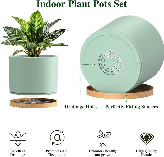 Plant Pots, 10/9/8 Inch 3 Pack Cylindrical Flower Pots with Drainage Holes and Saucers, Plastic Planters for Outdoor Indoor Plants,Green Brown
