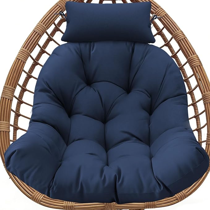 Waterproof Egg Chair Cushion Replacement, 47x33x7 Inches Thicken Outdoor Hanging Chair Cushion with Headrest Pillow, Cushions for Egg Chairs, Blue