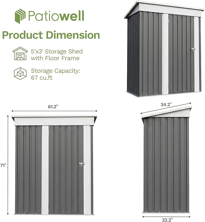 Patiowell 5x3 FT Outdoor Storage Shed with Floor Frame, Small Metal Garden Sheds with Sloping Roof and Lockable Door, Waterproof Patio Tool Shed for Backyard Garden Lawn, Gray