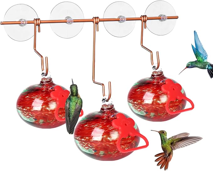 Pozfun Window Hummingbird Feeder with Suction Cups,Hand-Blown Glass Hummingbird Feeders for Outdoors Window Mounted with Metal Hook,Close Bird Watching,Finch in Garden,Yard(Red)