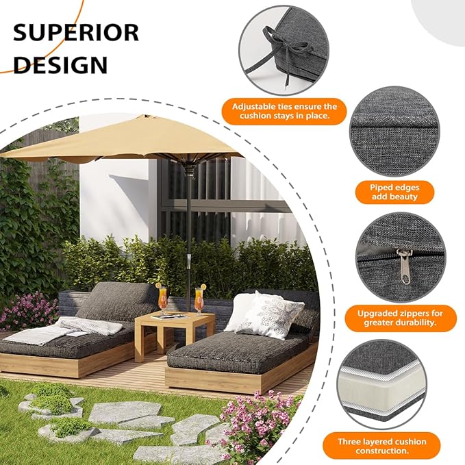 Sundale Outdoor Olefin Chaise Lounge Cushion, Water-Resistant Patio Lounge Chair Cushion, Thick Lounger Pad with 4 Straps Medium Gray, 72 x 21 x 4 Inches
