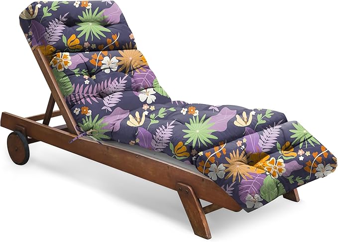 Outdoor Chaise Lounge Chair Cushion Waterproof 74.4 x 22 x 4.7 Inches Thickened Memory Foam Patio Lounge Chair Cushions Replacement for Outdoor Furniture with Ties, Purple Floral Leaf