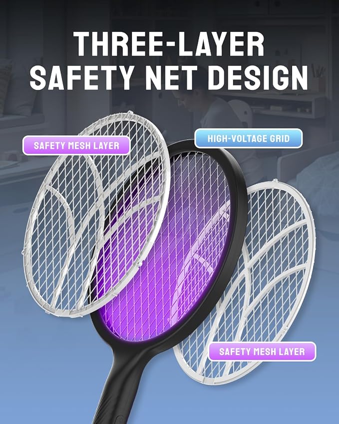 Mosiller Electric Fly Swatter Racket, 4000V Bug Zapper with 1800mah & Dual Modes, 2 in 1 Rechargeable Purple Mosquito Light Killer with 3-Layer Safety Mesh for Indoor Home Patio Camping Office(1 Pack)