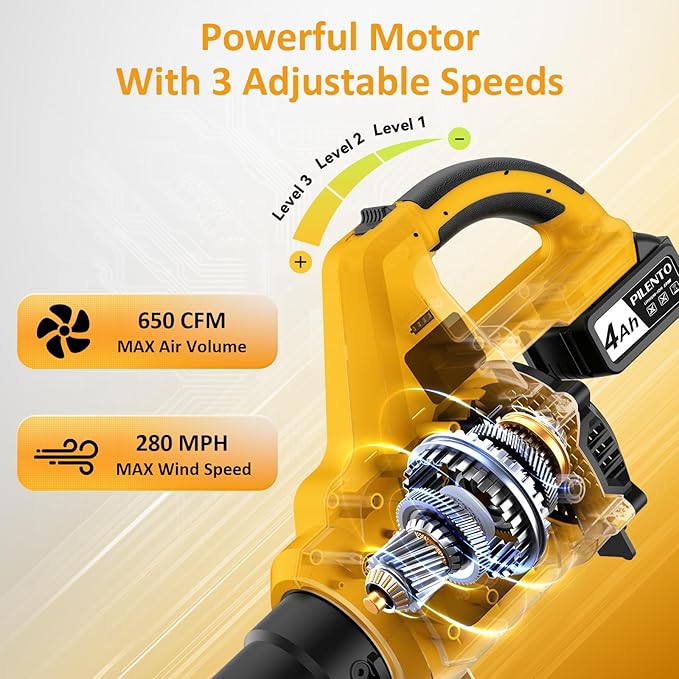 Leaf Blower Cordless with 2 4.0Ah Battery Operated and Fast Charger, 650CFM 280MPH Electric Leaf Blower, 3 Speed Mode, 20V Powered Handheld Blowers for Lawn Care, Blowing Leaves, Small Gravel, Yellow