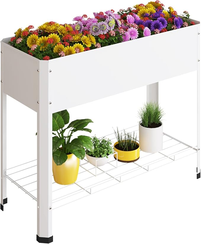 PROXRACER Raised Garden Bed with Detachable Legs Elevated Metal Planter Box for Growing Fresh Herbs Vegetables Flowers Succulents&Other Plants for Outdoor Backyard Patio Deck Balcony White L