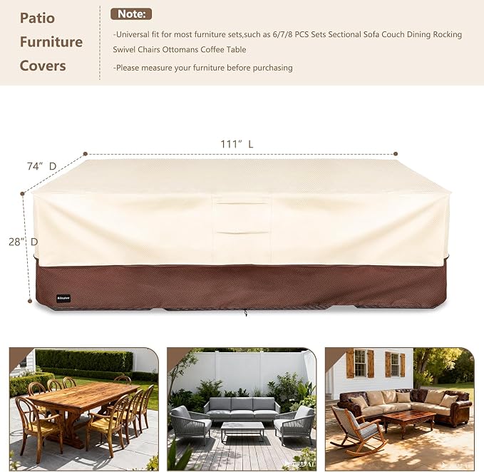 Rectangular Patio Furniture Covers,Upgraded 600D Heavy Duty Outdoor Furniture Covers Waterproof,Outdoor Sectional Dining Table and Chairs General Purpose Furniture Set Cover,111"L × 74"W × 28"H,Beige