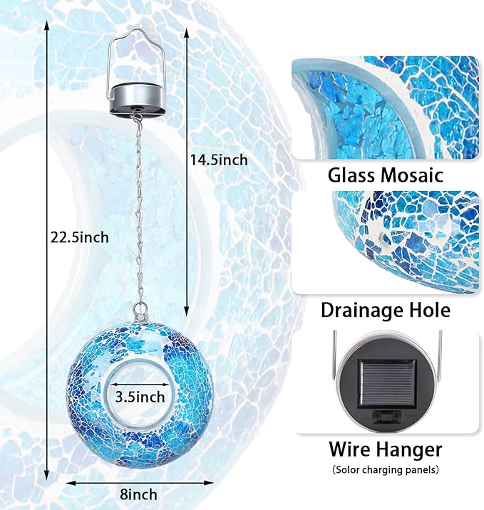 Yinns Solar Bird Feeder - Mosaic Fly Through Bird Feeders for Outside Hanging with Round Shape Glass Container Birdfeeder for Garden Decor, 8 Inch