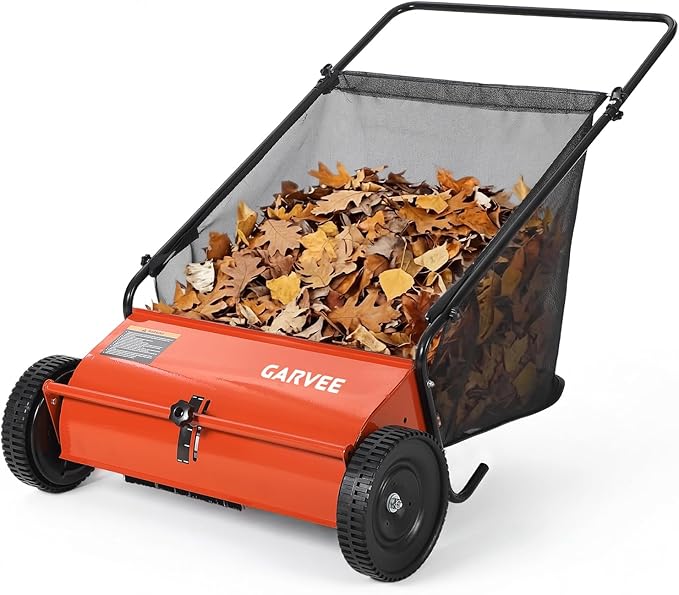 Push Lawn Sweeper 26Inch-Heavy Duty Walk Behind Leaf Collector and Yard Sweeper for Outdoor,Patio,Driveway,Garden Grass Sweepers,4 High Speed Spinning Brush,7 Cu. ft. Hopper Capacity