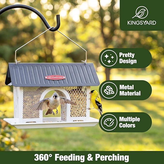 Kingsyard Bird Feeder for Outdoors Hanging, Dual-Use Metal Mesh Wild Bird Feeders with Seed Tray & Weatherproof Roof, 3 lbs Large Capacity, White