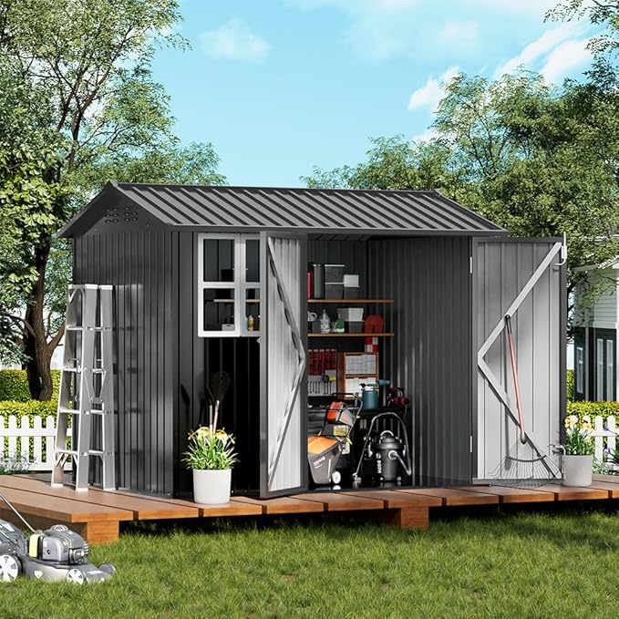 COMHOMA Shed Storage Outdoor Metal Windowed Lockable Garden Toolhouse Weatherproof Ventilated Backyard Utility Workshop(Grey,8'x6')