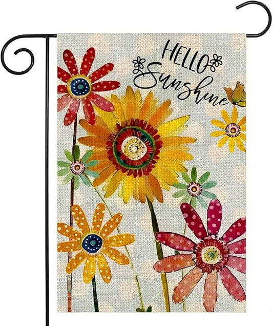 Summer Flowers Garden Flag 12x18 Inch Double Sided,Hello Sunshine Sunflower Daisy Small Yard Flags for Outdoor,Seasonal Decoration for Spring Farmhouse Holiday Outside