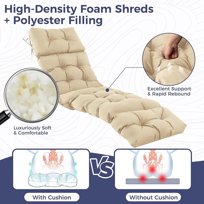 Outdoor Chaise Lounge Cushions 75.1x22.8x4.7 Inch, Waterproof Lounge Chair Cushions for Pool, Patio, Deck, Lawn, Fade Resistant Lounge Cushions for Outdoor Furniture, Beige, Set of 2