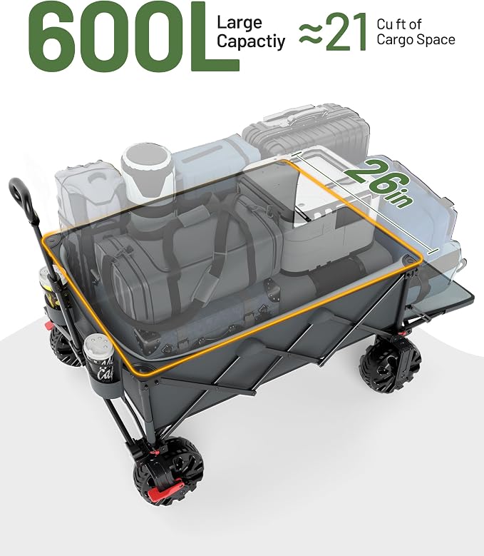 TIMBER RIDGE 600L Beast Wagon 26" W Extra Wide All Terrain Folding w/Big Wheels, Cargo Net & Tailgate, 26" W and 54.5" L, Capacity and 400lbs Heavy Duty Collapsible Portable Cart, Grey