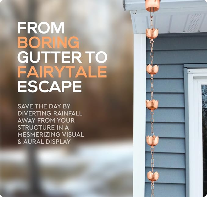 Copper Rain Chain – Decorative Chimes & Cups Replace Gutter Downspout & Divert Water Away from Home for Stunning Fountain Display – for Universal Fit