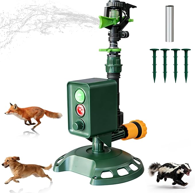 Solar Powered Motion Sensor Animal Repellent Sprinkler with Flashing Light, IP65 Waterproof Outdoor Deer & Dog Deterrent for Garden and Lawn Protection