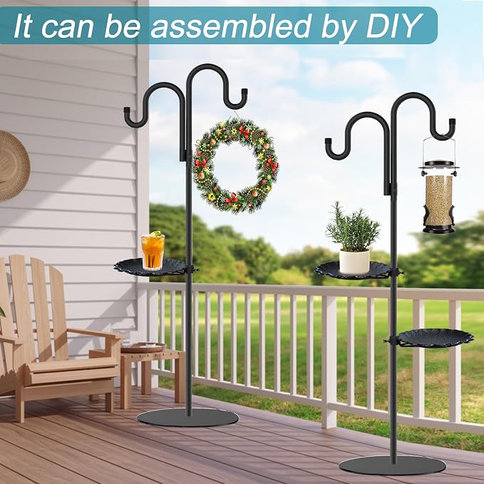 Upgraded 74" Shepherd's Hook Stand plant，Bird Feeder，Wind Chime Hanger Stand, Waterproof Metal & Adjustable-Height Standing Pole Holder for Lantern and Wreath, Indoor & Outdoor（2 Placement Racks)