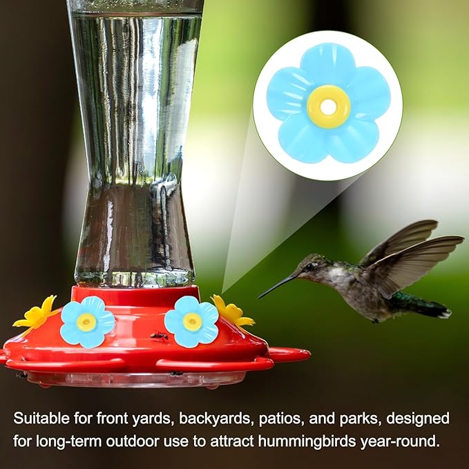 M METERXITY 32-Pack Hummingbird Feeder Replacement Flowers, Plastic Pet Hummingbird Feeding Parts Feeding Ports for Outdoor Hanging Feeders, Bees Guards [Blue]