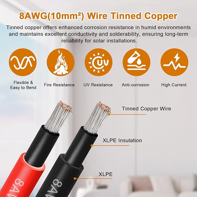 Solar Panel Wire 8 AWG(10mm²) - Solar Extension Cable 100Ft Black & 100Ft Red 8 Gauge Tinned Copper PV Wire for Outdoor Automotive RV Solar Panel Boat Marine (Black+Red)