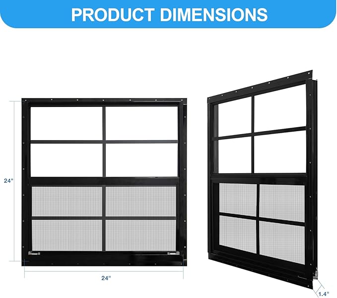 NeatiEase Upgraded Shed Windows 2 Pack, 24" x 24" Windows with Tempered Glass and Stainless Steel Screen for Shed, Chicken Coop, Playhouse, Household, Garage(Black)
