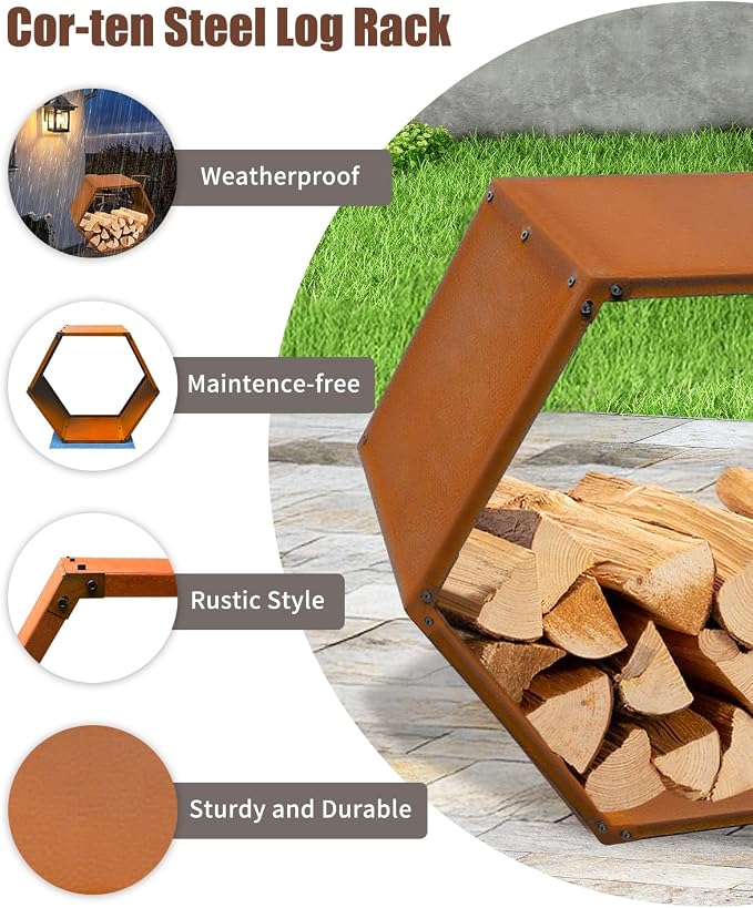 Firewood Log Rack Heavy-Duty, Corten Steel Firewood Rack with Hexagon Design, Fire Log Stacker for Wood Storage, Wood Holder for Outdoor Indoor