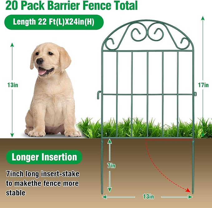 ADAVIN 20 Panels Collapsible Garden Fence Animal Barrier,20 Ft(L) x 24 in(H) Rustproof Metal Wire Panel Border for Dogs Rabbits, Arched Flower Edging for Landscape Patio Yard Outdoor Decor, Green