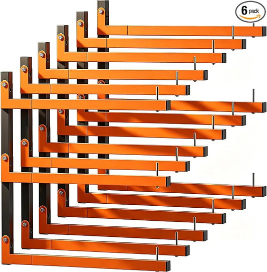 Lumber Rack Wall Mount, Heavy Duty Wood Storage Racks, 9-Level System Garage Shelving, 1080 Lbs Capacity Organizer Shelves, Folding Orange Brackets, 6 Pack Hanging Metal Shelf for Indoor and Outdoor