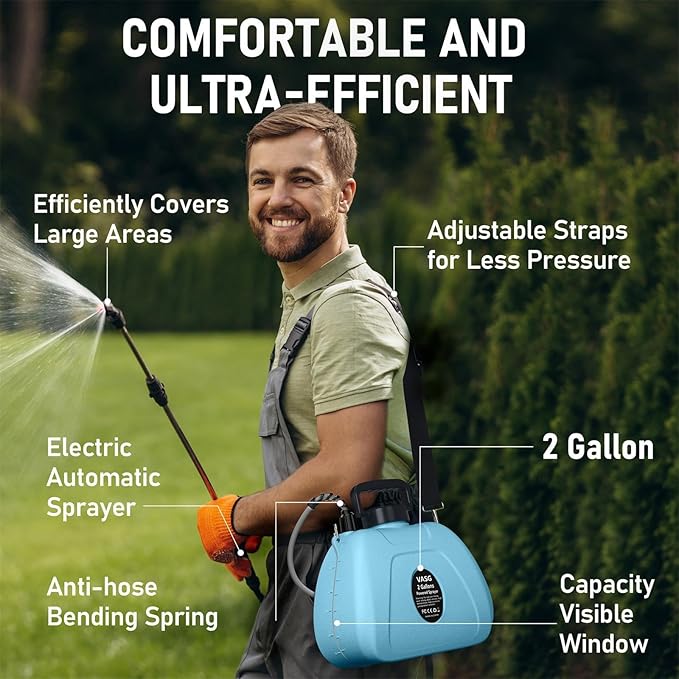 VASG 2 Gallon Battery Powered Garden Sprayer, Electric Sprayer, Weed Yard Lawn Sprayers with 5 Mist Nozzles & Retractable Wand & Adjustable Strap for Lawn, Garden, Yard
