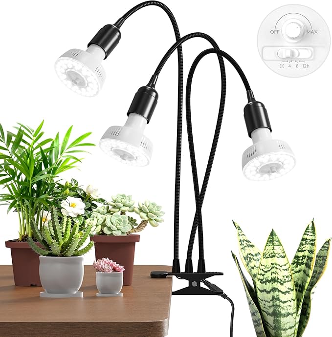 Barrina Orbgrow OG11A3 Clip On Grow Lights for Indoor Plants, Integrated Stepless Dimming & Timing, 5000K 33W(3 x 11W, 300 Watt Equiv), Full Spectrum 3-Gooseneck with E26 Plant Light Bulbs