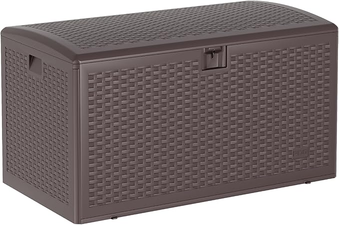 GarveeHome 99 Gallon Outdoor Storage Box, Large Resin Waterproof Deck Box with Lockable Lid, Patio Storage Bin for Cushions, Pool Toys & Garden Tools, Indoor Outdoor Deck Box Bench,Brown