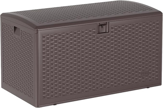 99 Gallon Waterproof Large Resin Deck Box Indoor Outdoor, Lockable Storage Container for Patio Furniture Cushions, Throw Pillows, Garden Tools, and Pool Floats, Brown