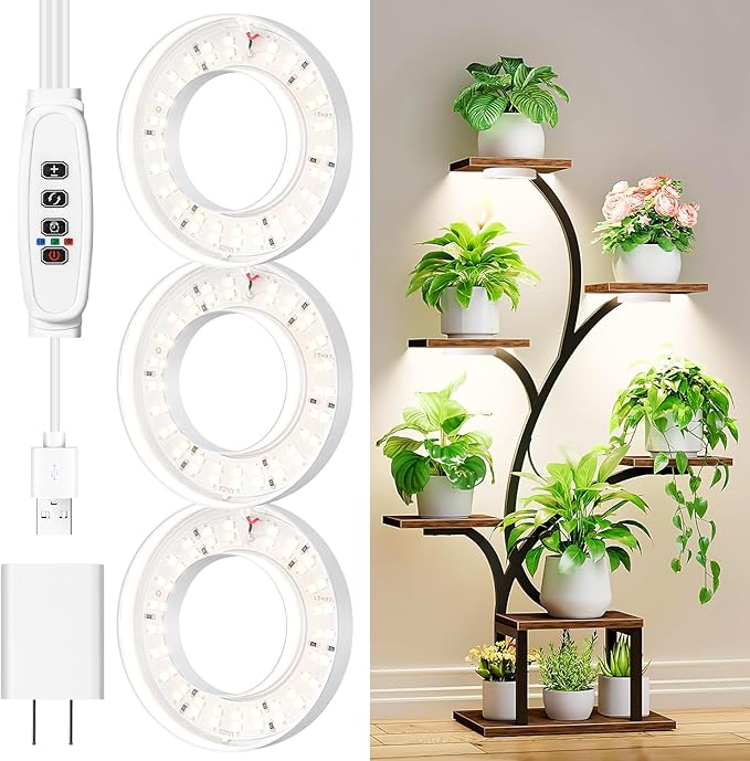 RWNTAO 3.54" Ceiling Grow Light for Indoor Plants, Warm&White Full Spectrum Plant Light, Growing Lamp with 6/12/16H Auto Timing, 10 Dimmable Brightness Levels for Small Plants, 3Head
