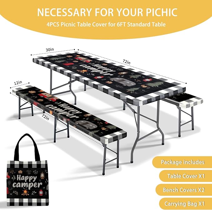 Picnic Table Cover with Bench Covers, Camping Essentials, Fitted Camping Tablecloth with Bag, Waterproof and oilproof with elastic Edge for Indoor Outdoor Patio, 72in (Happy Camper)