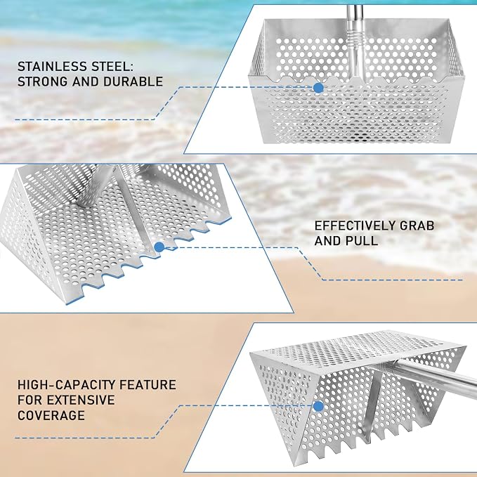 Sand Flea Rake, Long Handle Sand Sifter with 65-Inch Pole - Stainless Steel Shark Tooth Sifter, 13-Inch Wide Mesh Screen for Beach, Seaside Collecting of Fleas, Shark Teeth & Seashells