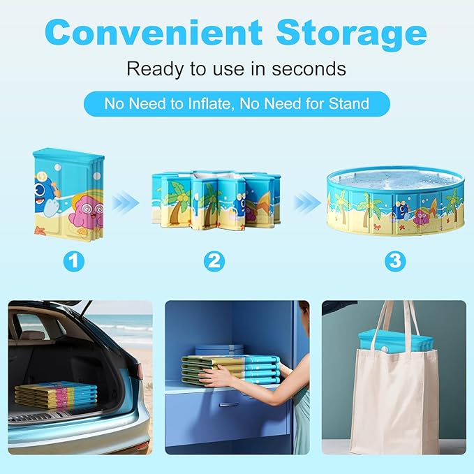 Foldable Swimming Pool for Kids 62.9"x17.7" Hard Plastic Portable Dog Pool Anti-Slip Collapsible Pets Bathtub Kiddie Pool Indoor Outdoor Backyard (JellieMons 63'')